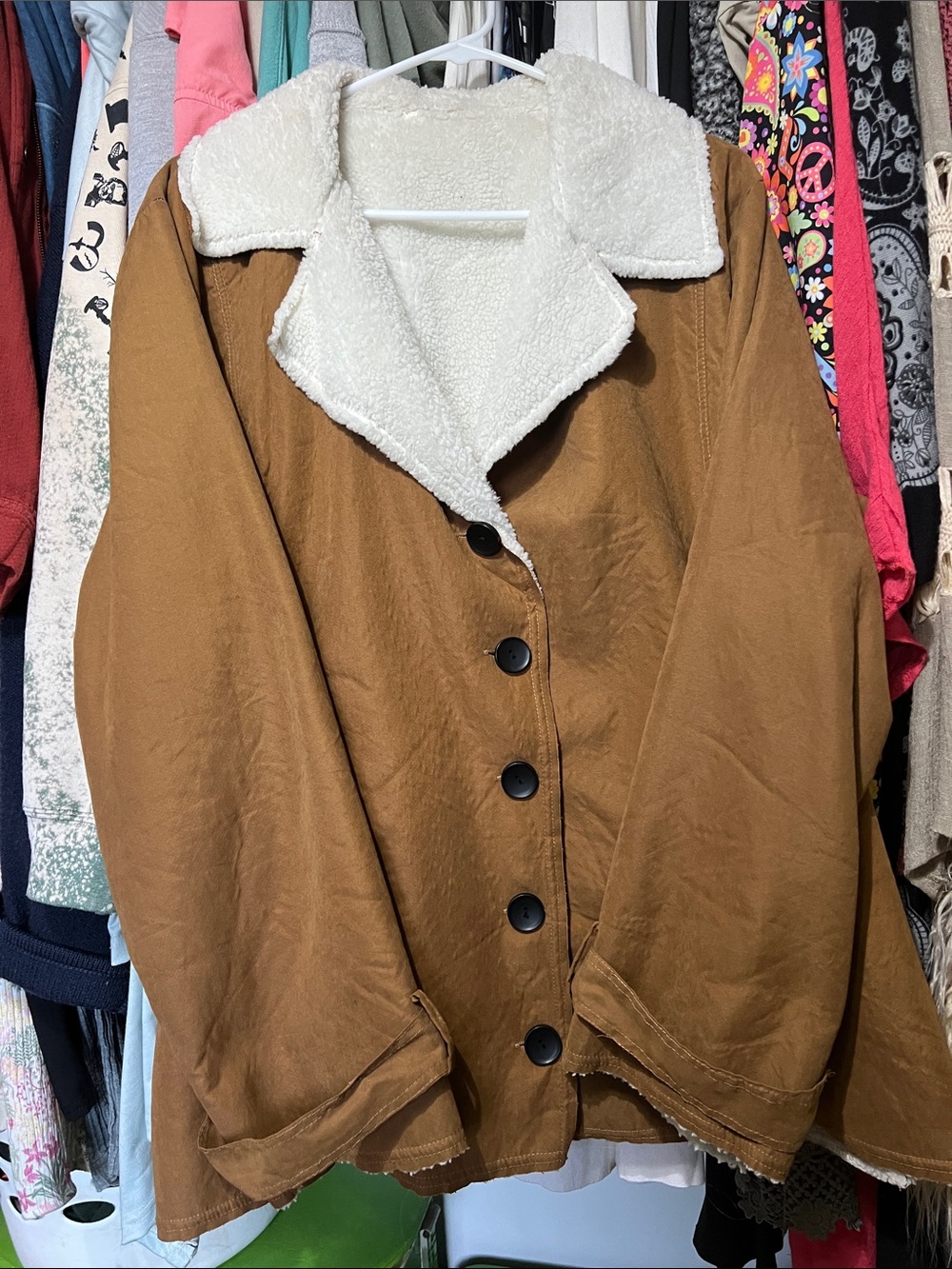 Cozy Brown Teddy Jacket with White Sherpa Collar XL